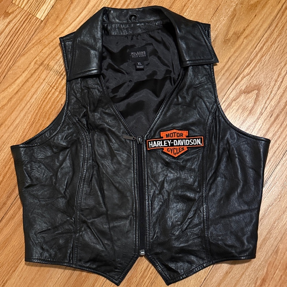 Harley-Davidson Black Leather Vest with Embroidered Orange Logo Size XL